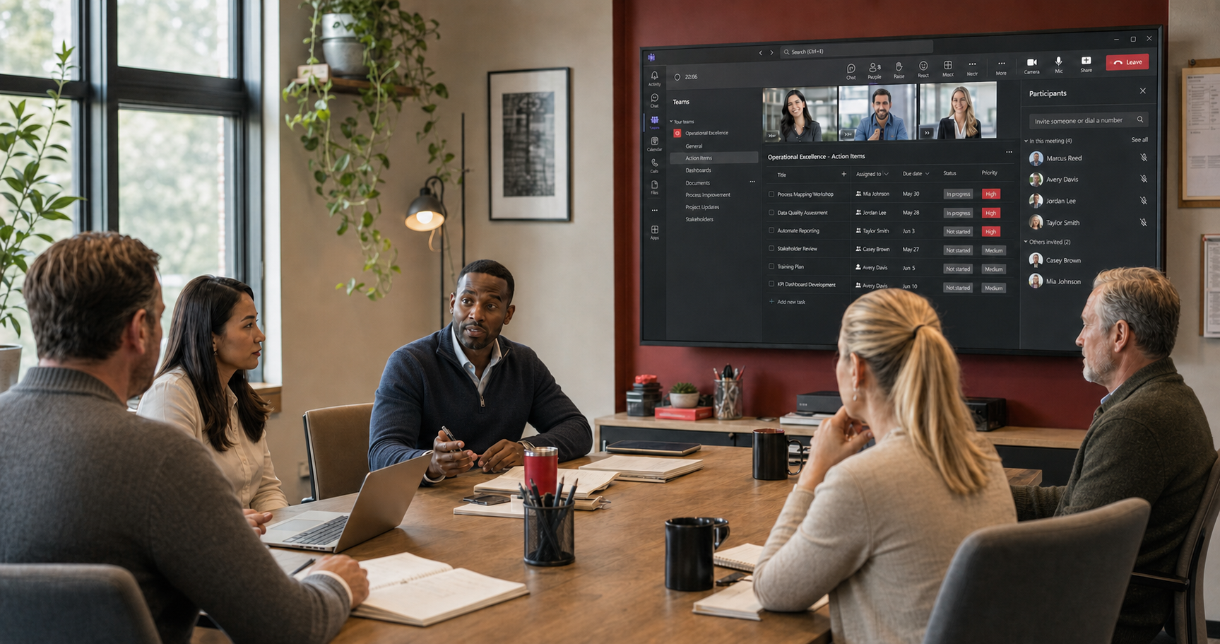 Business team using Microsoft Teams to review project discussions, action items, and responsibilities as part of day-to-day business operations.