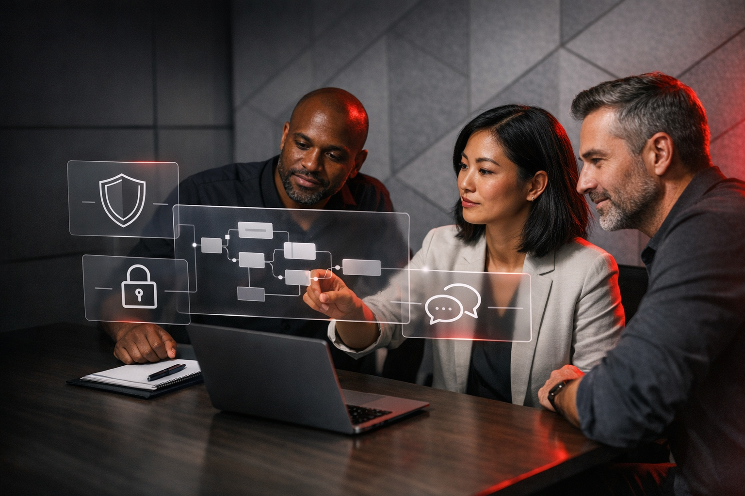 Here’s a photorealistic B2B hero image with a diverse team collaborating around a secure AI agent workspace, featuring translucent node-based flow pan