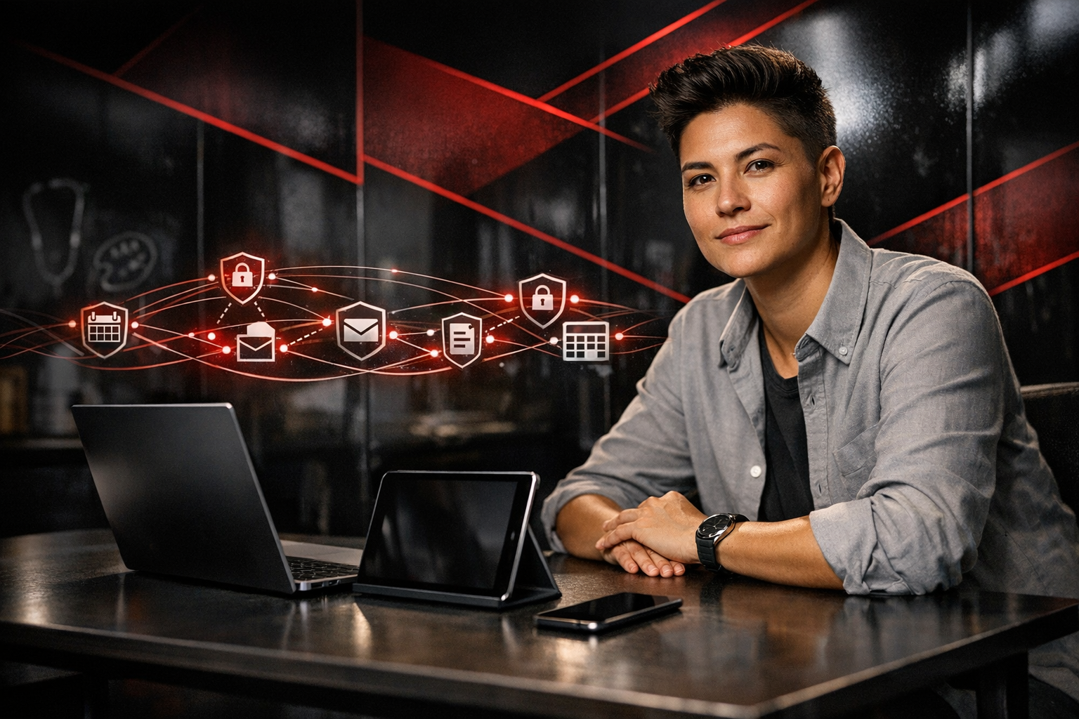 Here’s a photorealistic B2B hero image with a confident, gender-neutral business leader, secure AI automation overlays, and a sleek black-and-crimson 
