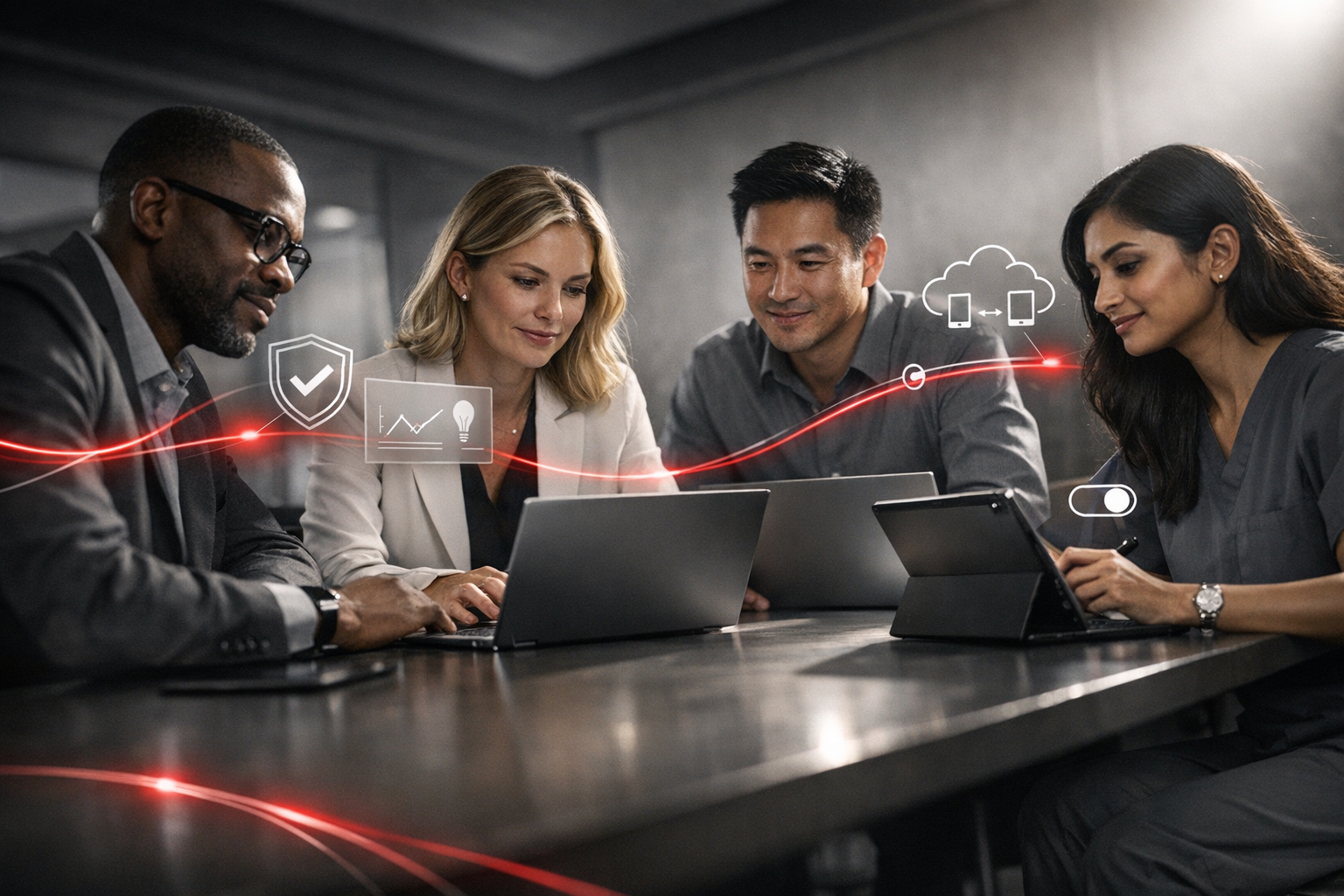 Here’s a cinematic photorealistic hero image of diverse IT leaders collaborating around slim modern devices with secure AI-style overlays and energeti
