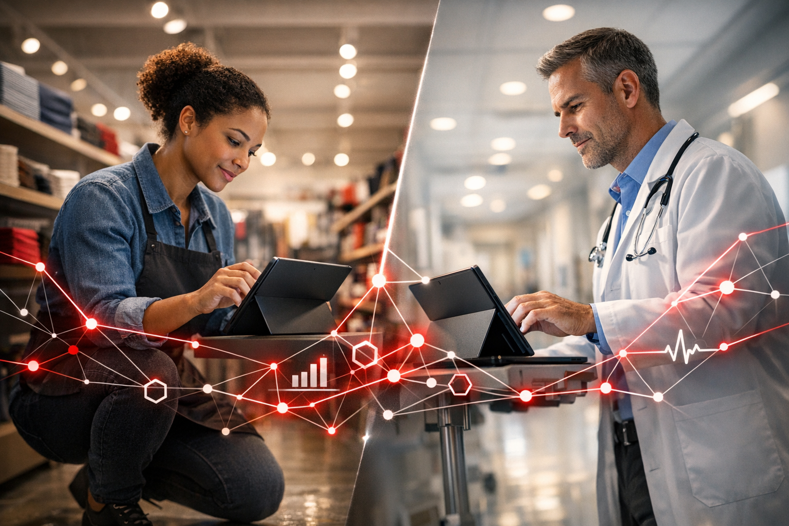 Here’s a photorealistic split-scene hero image showing frontline productivity powered by AI across retail and healthcare, with a crimson geometric net