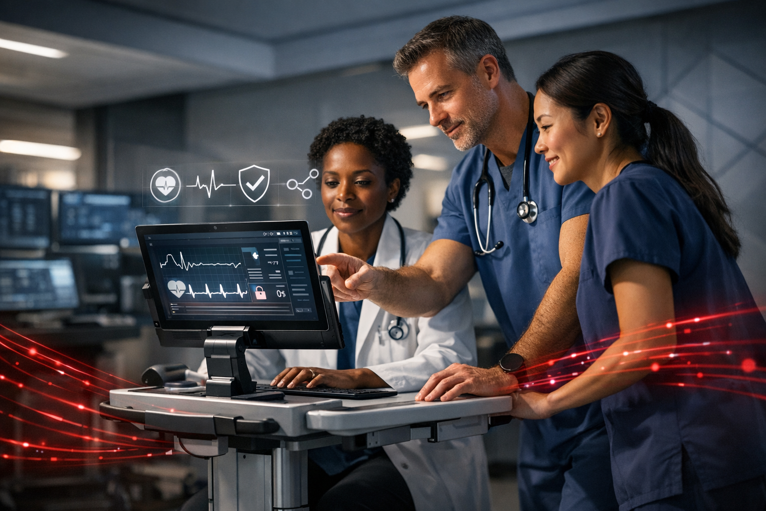 Here’s a photorealistic healthcare command-station scene with a diverse care team, subtle AI HUD overlays, and crimson data light trails in a dramatic