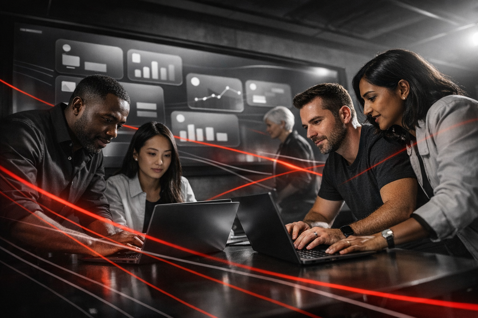 Here’s a photorealistic editorial hero image of a diverse IT team collaborating around sleek laptops in a dramatic modern operations room, with abstra