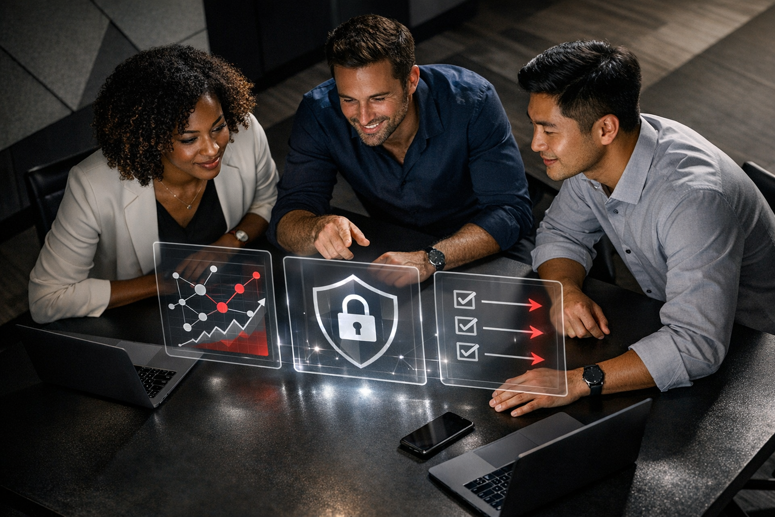 Here’s a polished, high-contrast photorealistic team-collaboration image with the holographic analytics, security, and next-steps panels over a dark m