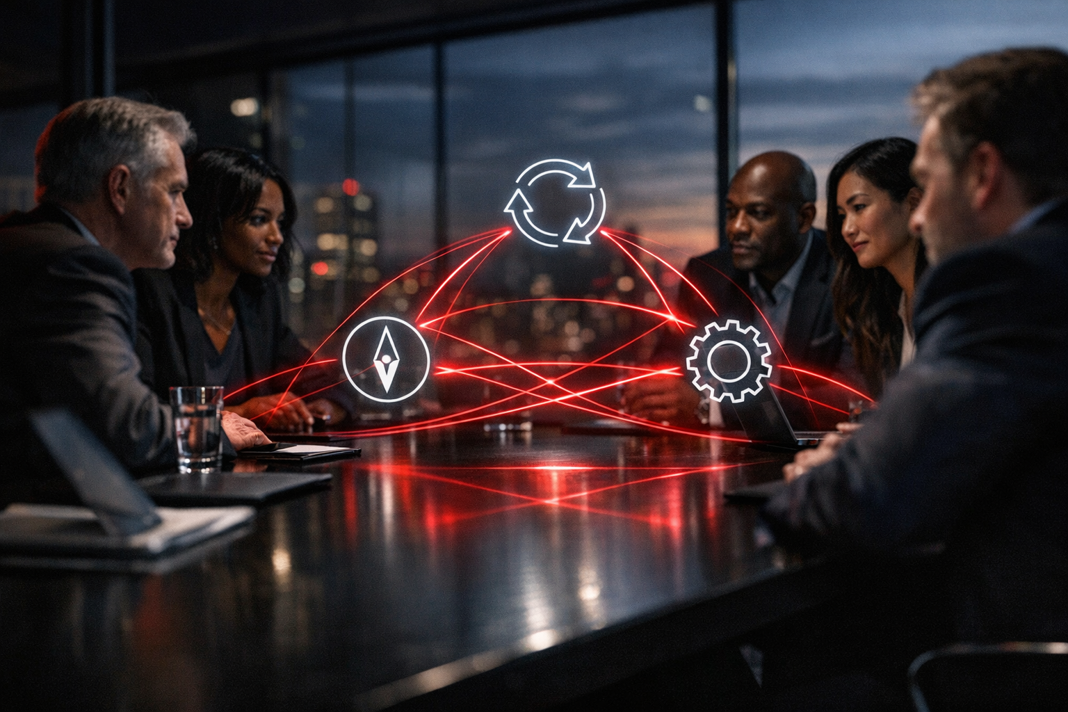 Here’s a cinematic boardroom scene with a holographic AI copilot interface, bold crimson data lines, and a dramatic dusk skyline. It’s framed for a mo
