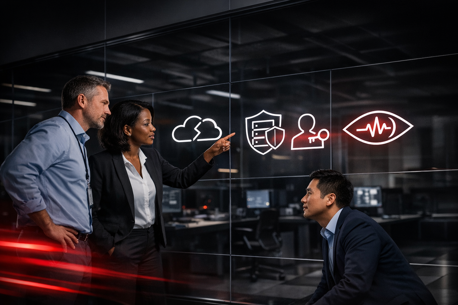 Here’s a photorealistic security operations center scene with a diverse 3-person team, dramatic crimson accents, and clean translucent security icons 