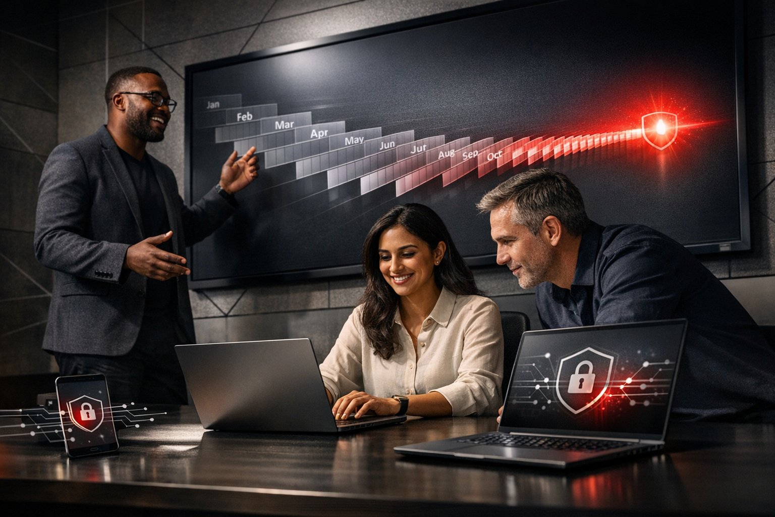 Here’s a photorealistic enterprise team collaboration scene with the diagonal timeline compression metaphor, AI/security overlays, and dramatic black-