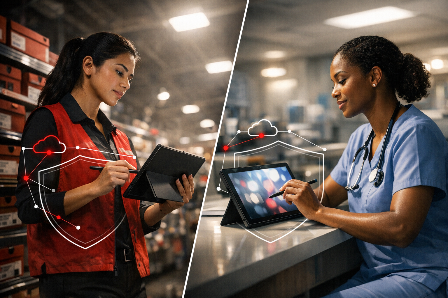 Here’s a cinematic split-scene image matching your brief, with the retail and hospital environments, logo-free 2-in-1 tablets, dramatic lighting, and 
